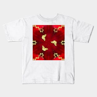 gold butterflies and flowers on red kaleidoscope Kids T-Shirt